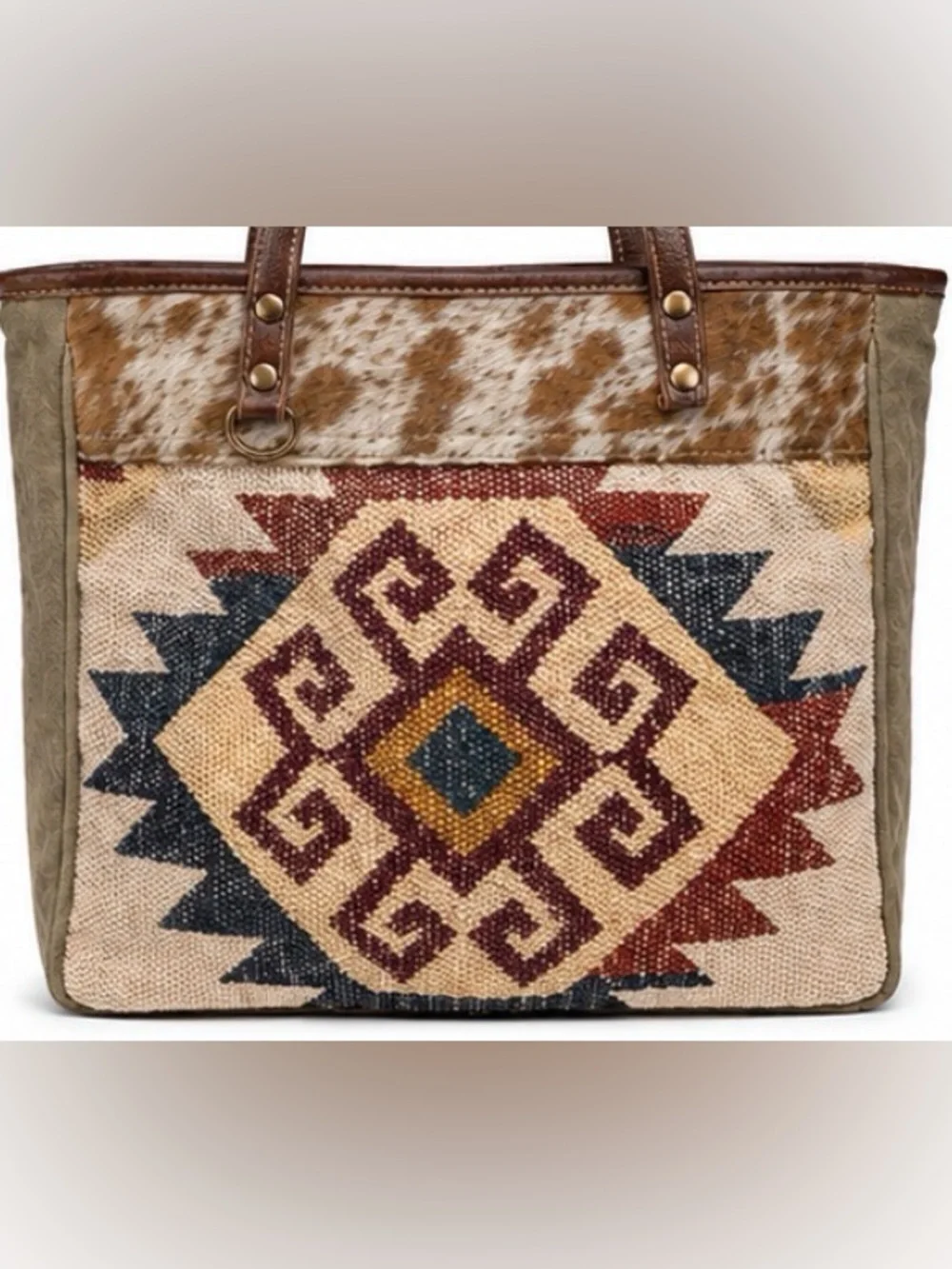 Myra Bag Southwestern Woven Rug Hair-On Hide Canvas Leather Tote